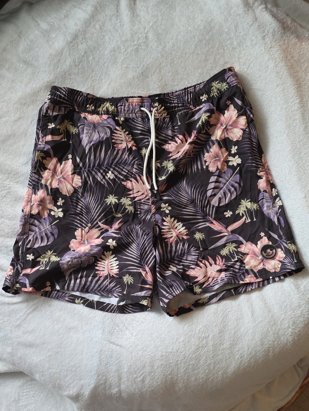Floral Elastic Drawstring Bermuda Shorts - Black with Pink & Purple